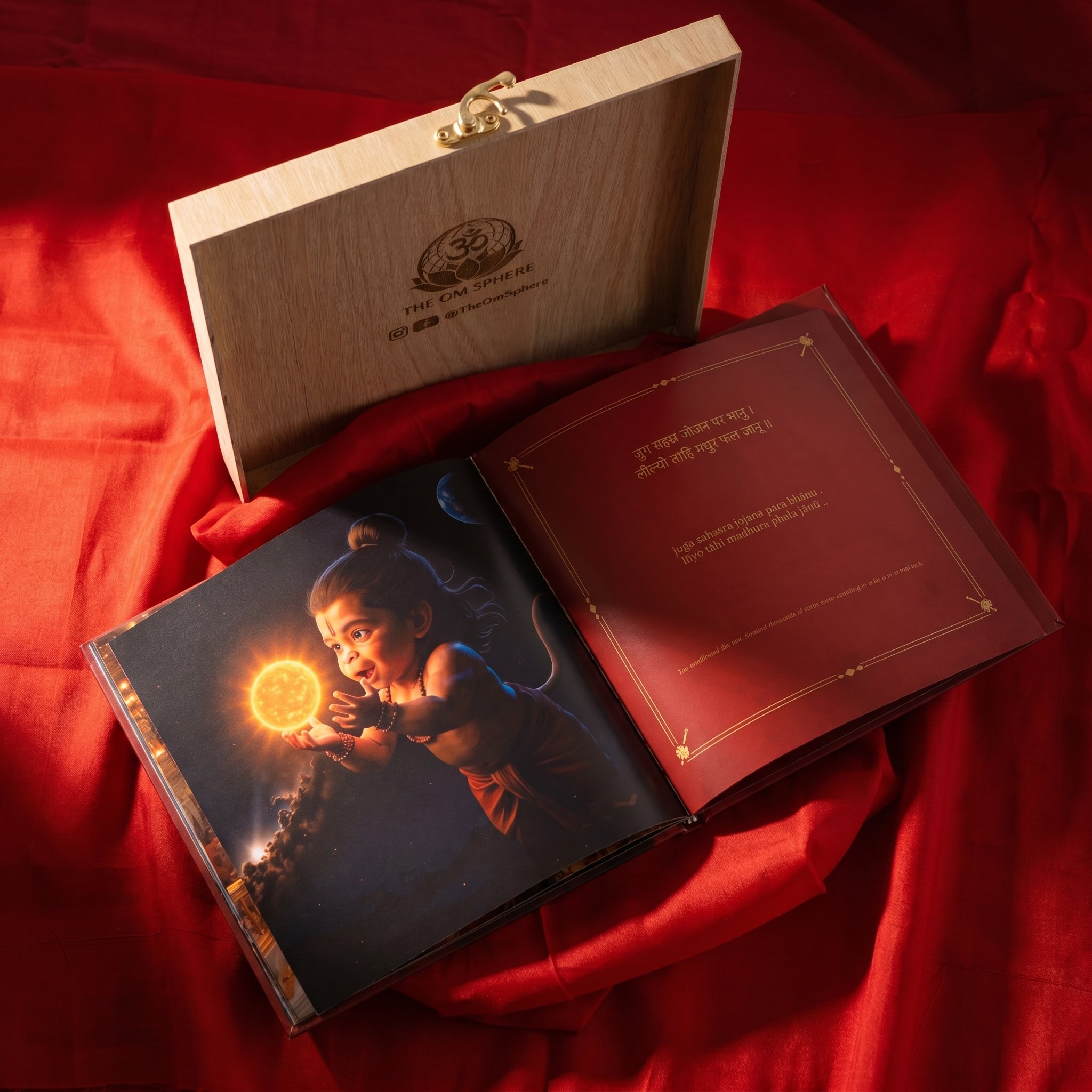 The Om Sphere cinematic Hanuman Chalisa inside its engraved pinewood collector's box