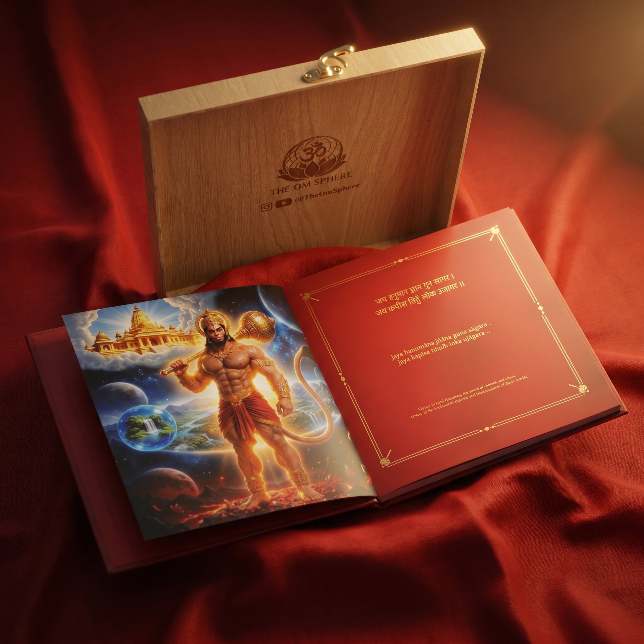 The Cinematic Hanuman Chalisa book displayed alongside its engraved pinewood box with The Om Sphere insignia and social handles
